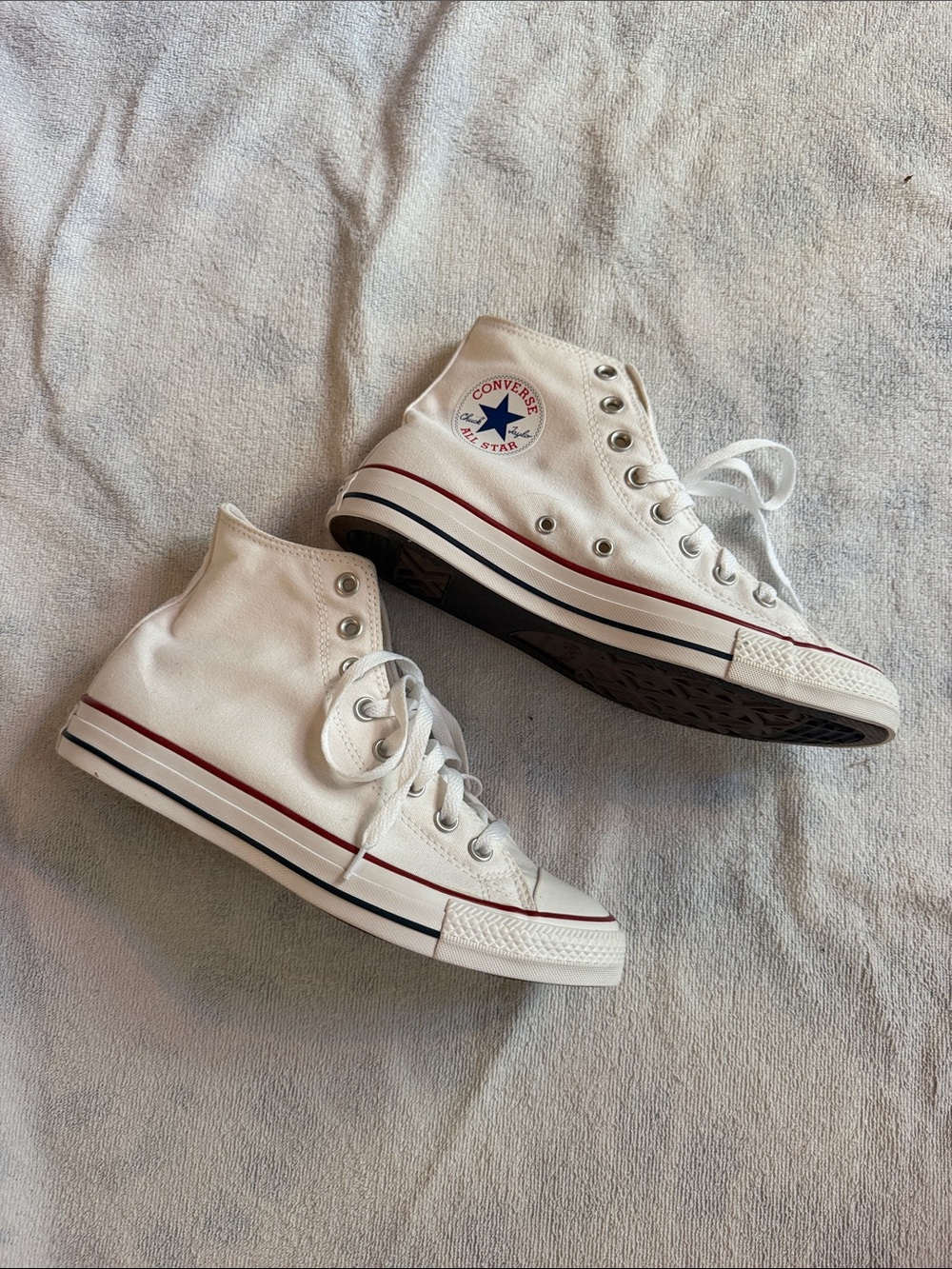 Converse White High Top Sneakers with Red & Blue Stripe